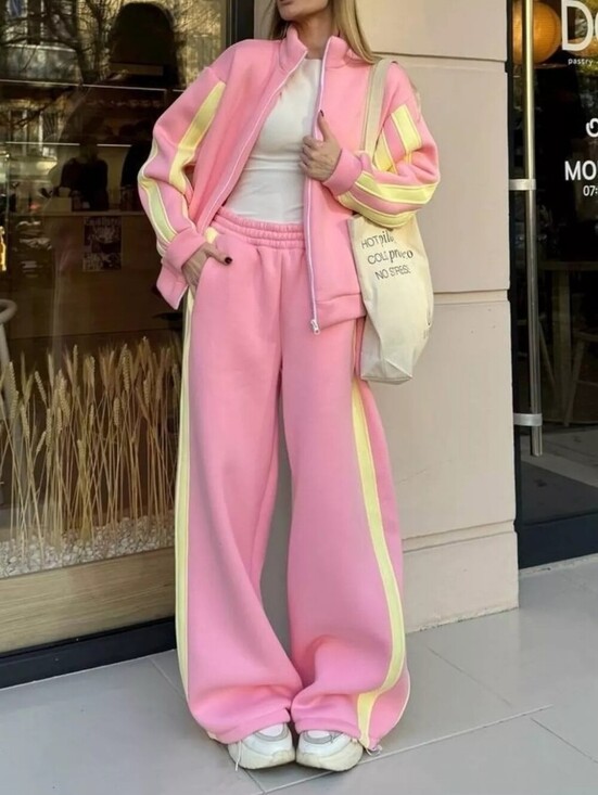 Pants - Contrast Striped Zip Up Top and Pants Set